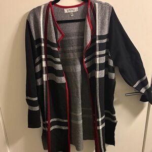 Kasper Black and Gray Cardigan with Red Accents